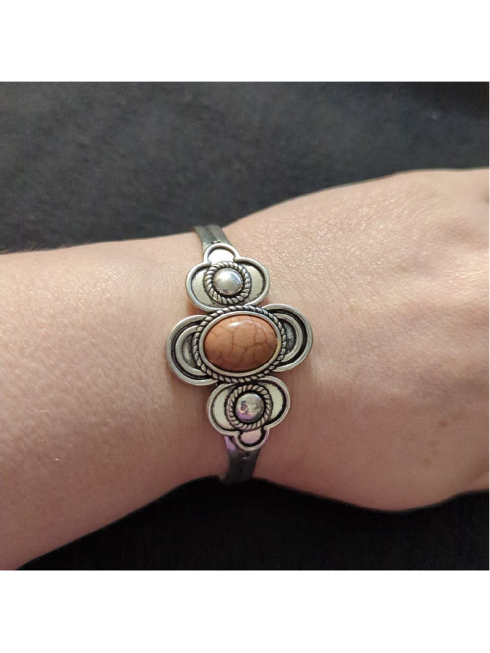 Silver Tone Brown Jasper Gemstone Cuff Statement Bracelet
